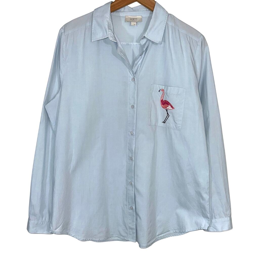 Loft Light Blue Pink Flamingo Pocket Button Up Long Sleeve Shirt Size Large